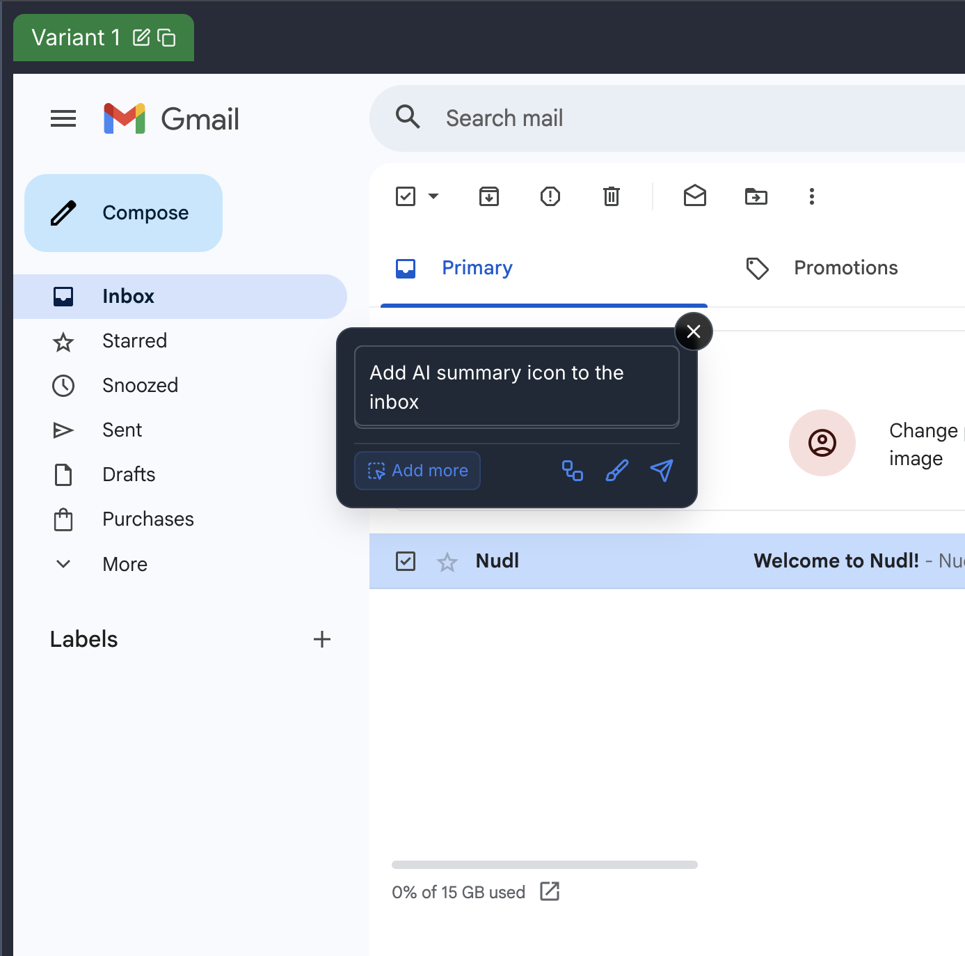 A screenshot of the Nudl application with a prompt to generate a new feature.